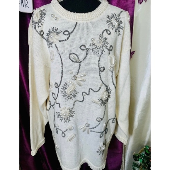 Vintage  cream Dead Stock Victoria Harbour Faux Pearl Sweater Size Large - Picture 1 of 4